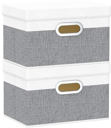 Yawinhe Storage Bins with Lids and Handles 2 Pack,32x23x20cm,White/Greyy | Collapsible Storage Boxes,Washable Basket with 2 Handles;Fabric Foldable Box for Home;Closet Container for Clothes