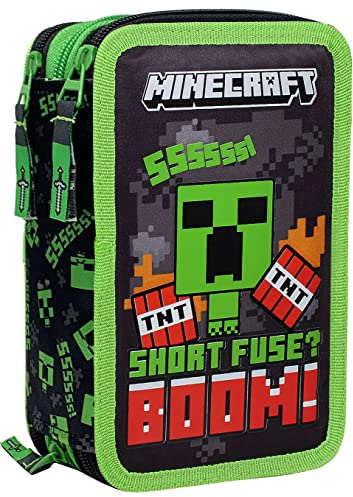 Clondo 3-Fach Federmäppchen für Minecraft Fan – 45-teilig, komplett gefüllt – mit 2 löschbaren Gelstiften, Schere, Kleber, Buntstiften – Schwarz und Grün – ideal für Schule & als Geschenk