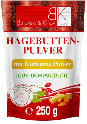 100% Bio Glutenfrei Hagebuttenpulver mit Vitamin C und pflanzlichen Omega-3- und 6-Fettsäuren für Darmgesundheit, Immunsystem und Kollagen (250, Hagebutte & Kurkuma)