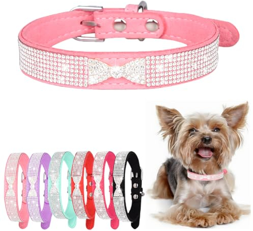 Collier réglable en strass avec nœud papillon et couronne pour chat de petite, moyenne et grande taille, rose vif, taille XS