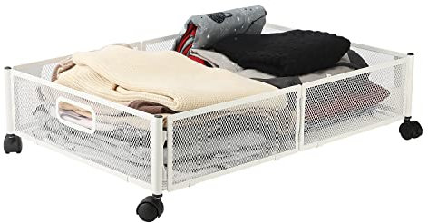 BestAlice Almacenamiento Debajo de la Cama, Contenedores de Almacenamiento Debajo de la Cama con Ruedas Y Asas, Cajón Organizador de Almacenamiento Debajo de la Cama de Metal(Blanco 1)