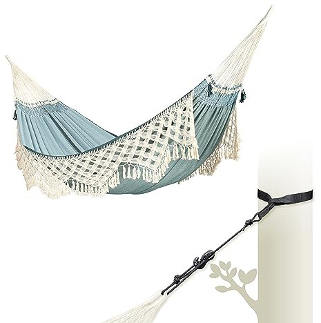 LA SIESTA® Bossanova Bio-Baumwoll Hängematte & Baum-& Pfosten-Befestigung, Gurten für Baumen Balken & Pfosten - Balkon Indoor Outdoor Hängematte 2 Personen Makramee Boho Hängematte - Kingsize, Fjord