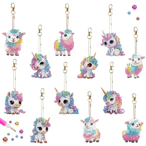 DNWFZ Diamond Painting Anhänger 12 Stück 5D Diamond Painting Schlüsselanhänger Kinder Erwachsene DIY Malerei Stickerei Diamant Einhorn Painting Anhänger Art Lamm Handtasche Schlüssel Craft Kits