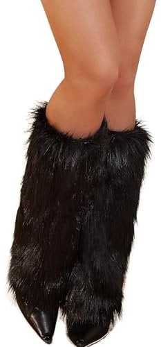 RSLOVE Fur Leg Warmers Christmas Furry Boots Covers for Women Accessory Set Black One Size