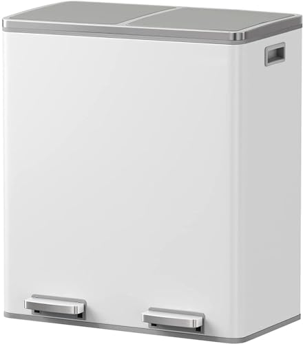 KITCHEN MOVE Poubelle de cuisine à pédale tri sélectif grande capacité 60L (2x30L) MAJOR en acier Inox Blanc