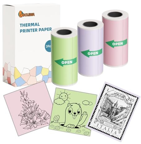 DOLEWA 53 mm Rosa/Grün/Lila, selbstklebendes Thermo-Aufkleberpapier, 3 Rollen, Mini-Thermodruckerpapier, kompatibel mit Dolewa LX-D2, für Notizen, Listen, Aufkleber, Drucken von Schwarz-Weiß-Fotos