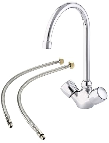 Glossy Chrome Solid Brass Modern Kitchen Sink Mixer Tap Two Regulators + 2 Flexible Tap Tails
