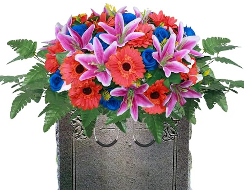 Lodou Friedhofsblumensättel für Grab, künstliches Seidenblumenarrangement für Grabsteine, künstliche Friedhofsblumen, Grabdekorationen für den Außenbereich (1, Blau & Lila & Rot)
