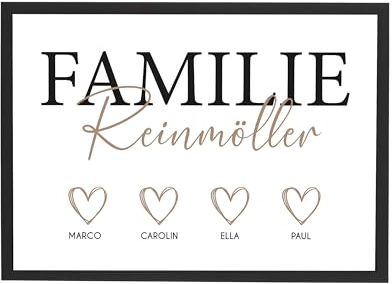 Wackadoo Bilderrahmen Personalisiertes Familie Poster mit Herz Typographie, Familienbild für Kinderzimmer, Holz Bilderrahmen mit Glasscheibe, fotogeschenke personalisiert, personalisiertes geschenk