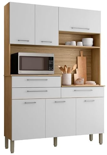 KITS PARANA Buffet de Cuisine 6 Portes 3 Tiroirs 9 Niches Chêne Blanc L 138.5 x195 x38.8 cm