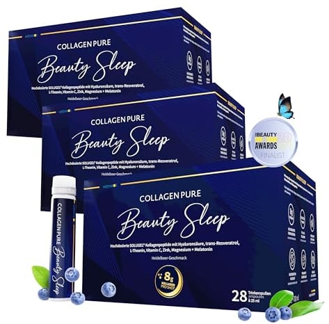 Spar-Set Collagen 8000mg + Melatonin - Hochdosiert Kollagen Trinkampullen - Magnesium Vitamin C Zink Hyaluronsäure Theanin Resveratrol - 28 Trinkampullen 1 Monat Vorrat - Blaubeergeschmack - MEDIAKOS