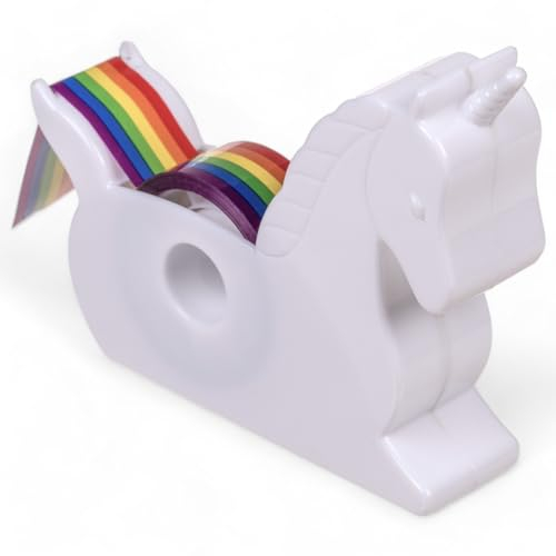 MIJOMA Einhorn Klebeband-Abroller – Zauberhafter Bürohelfer mit Regenbogen-Klebeband, Weißer Kunststoff, Ideal für Geschenkverpackung & Bastelarbeiten, 10x9x3cm