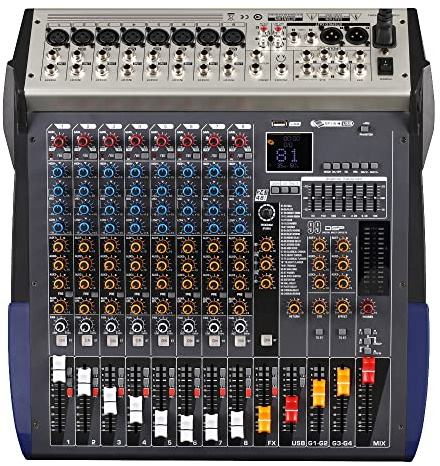 Professional Mixer 8-Channel for Recording DJ Stage Karaoke Music, USB Drive Computer Recording Input, DJ Controller with XLR Microphone Jack, 48V Phantom Power