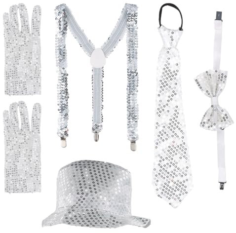 Glitzer Outfit Herren, Glitzer Accessoires Herren, Glitzer Kostüm Herre, mit Pailletten Hosenträger,Pailletten Fliege,krawatte,Handschuhe,Pailletten Kostüm Silber für Fasching Party Dance Performance