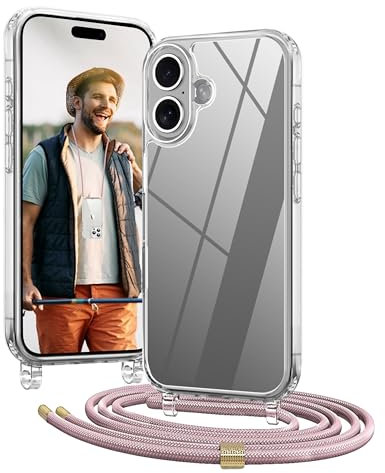 OLEPHY Cover per iPhone 16 Plus con Cordino 6,7'', Trasparente Custodia con Regolabile Collana, Protezione Completa [Antiurto] [AntiGraffio] Case con Laccio Tracolla, Oro Rosa