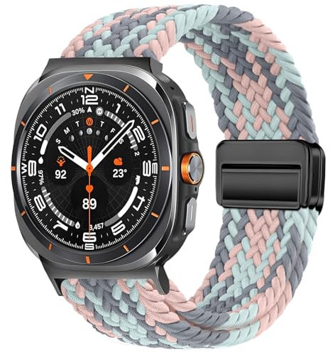 Vozehui Braided Straps Compatible with Samsung Galaxy Watch 7 Ultra 47mm 2024, Elastic Soft Nylon Adjustable Magnetic Buckle Replacement Strap for Galaxy Watch 7 Ultra, Orange Grey