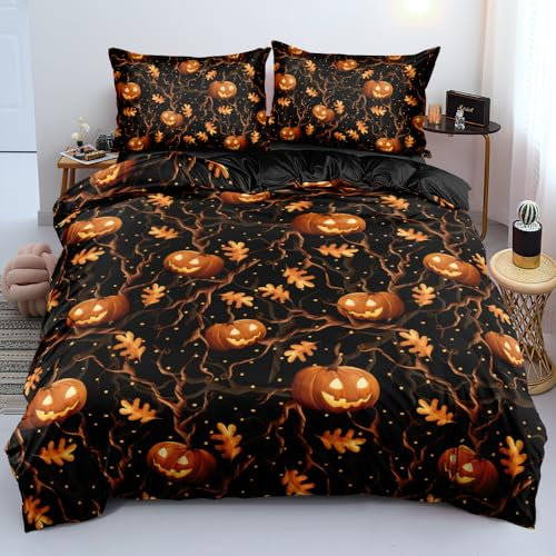 Luowei Halloween Bettwäsche 135x200 Kürbis Laterne Blätter 3D Bettwäsche Halloween Weich Microfaser Bettwäsche 2teilig für Kinder Teenager Geschenk mit Reißverschluss und 80x80 cm Kissenbezug