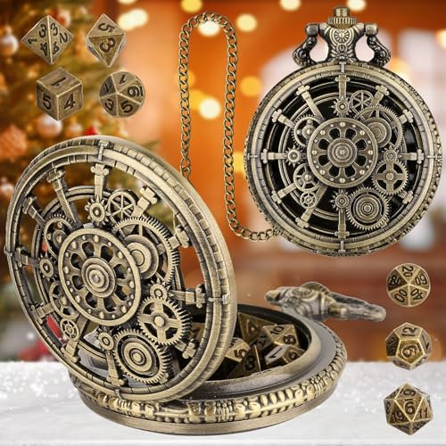 Mini DND Würfelset mit Steampunk Hohlzahnrad Taschenuhr Muschelgehäuse, 7-teiliges Polyedrisches D&D Würfelset aus Metall, Geschenke mit Weihnachtsgeschenkbox, Rollenspiel-Brettspielzubehör, Bronze