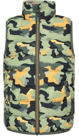 Mountain Warehouse Rocko Kids Printed Padded Gilet - Water Resistant Bodywarmer, Microfibre Childrens Jacket, Insulated Vest - For Autumn, Winter, Hiking, Running Dark Khaki Kids Size 3-4 Years