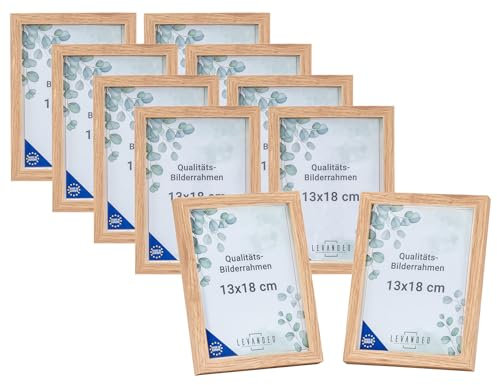 levandeo 10er Set Portrait Bilderrahmen Made in EU 13x18 Eiche Optik Natur Glasscheibe Fotorahmen Holz Picture Frame Deko Tischdeko Wanddeko Fotoaufsteller
