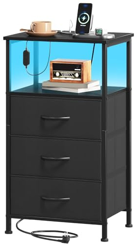 Somdot Chest of Drawers, Charging Station & LED, 3 Drawers, Black | Small Bedside Table, Fabric Drawers, Adjustable LED Lighting, 2 AC Outlets, 2 USB Ports, Bedroom Cabinet, 30D x 40W x 72H