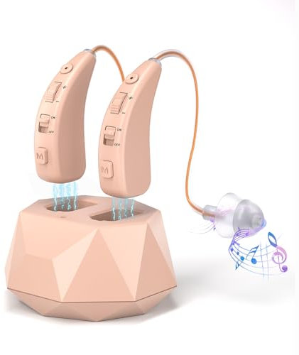 HIBRIQ Equipo de sonido recargable, caja de carga detrás de la oreja, 40 horas, reducción de ruido, 2 modos, volumen ajustable (Pareja, beige)