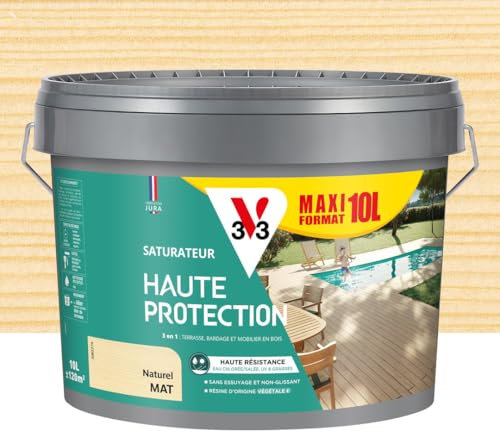 V33 Saturateur Bois extérieur Naturel mat - Pour terrasses et mobilier de jardin - Haute résistance eau chlorée, UV et graisse - Sans essuyage et non glissant - Résine d'origine végétale - 10L