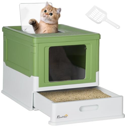 PawHut Lettiera per Gatti Chiusa in PP con Paletta Inclusa, Design Pieghevole, Cassetta Igienica per Gatto con Vassoio Estraibile e 2 Porte, 47.5x35.5x36.7 cm, Verde Chiaro