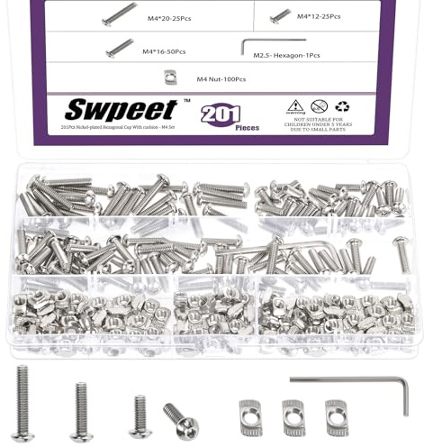 Swpeet 201 Pièces Kit d'Assortiment d'Écrous à Griffes (T-Nuts) et Vis M4 Nickelé avec Clé Hexagonale, Boulons à Tête Bombée/Cylindrique à Six Pans Creux M4×12/16/20, de Profilés Aluminium Série 2020