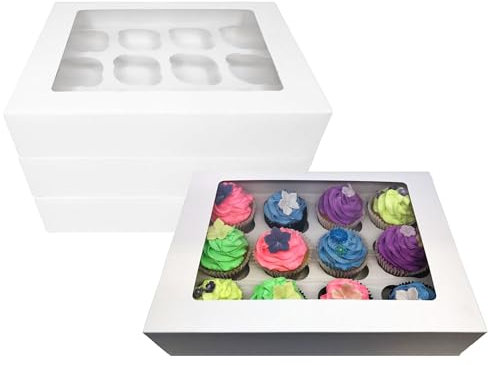LARRYROO 12 Hole Cavity Windowed Cupcake Boxes with Removable Inserts - Pack of 25