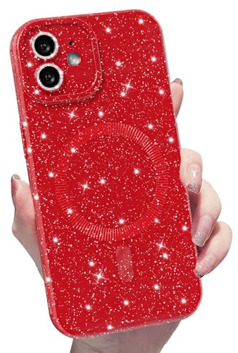 MINSCOSE for iPhone 12 Case Magnetic Compatible with Magsafe,Cute Neon Glitter Super Vibrant Shiny Bling Sparkly Glossy Girly Case with Thin Slim Camera Protection for Women Girl-Wine Red