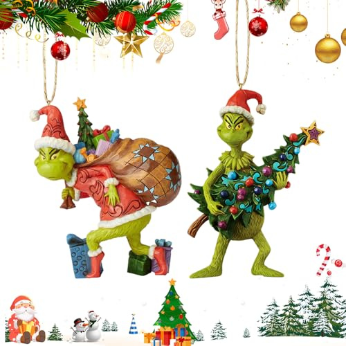 SKIKHN Grin-ch Weihnachtsschmuck,2 Stück 3D Elfen Weihnachtsbaum Deko Hängende Ornament,Grinch Weihnachtsdekorationen,Lustige Weihnachtsdeko Figuren Harz-Anhänger,Christbaumschmuck für Zuhause Partys