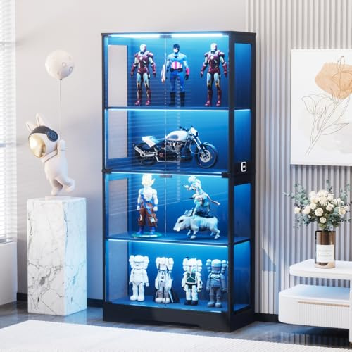 Glasvitrine Standvitrine mit Led,Glasvitrine Stehend mit 4 GlastüRen und Intelligenten Sensoren,Vitrinenschrank,Staubdichte glas vitrinenschrank FüR Wohnzimmer (Schwarz, 4 Etagen, 4 Türen+LED)