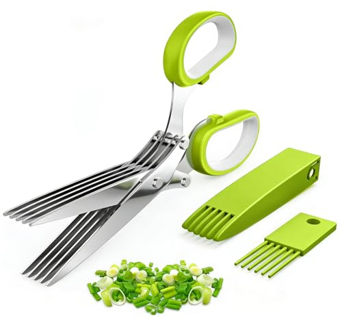 Stainless Steel Herb Scissors with 5 Blades, Knife Scissors, Cheese Scissors, Herb Cutter, Salad Kitchen Scissors, Multifunctional Kitchen Scissors with Safety Cover and Cleaning Comb (Green)