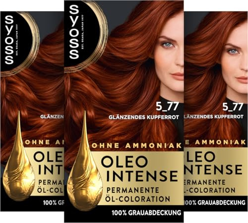 Syoss Oleo Intense Öl-Coloration 5-77 Glänzendes Kupferrot (3x 130 ml), dauerhafte Haarfarbe mit pflegendem Öl schützt vor Haarschäden, für 100% Grauabdeckung, Coloration ohne Ammoniak