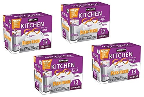 Kirkland Signature Flex-Tech Drawstring Kitchen Trash Bags 13 Gallon 200 Bags, 4 of Such Pack