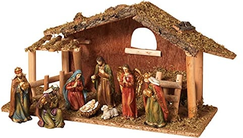 15.25-Inch Long Moss Stable with Set of 9 Resin Figurines Nativity Scene