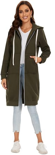 YOSICIL Damen Herbst Winter Outing Stil Frauen Warm Reißverschluss Öffnen Clubbing Dating Elegante Hoodies Sweatshirt Langen Mantel Jacke Tops Outwear Hoodie Outwear Kapuzenpullover,Olivgrün,2XL