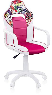 duehome | DRW Sticker, Silla Gamer, Silla de Oficina Gaming Estudio o Escritorio, Acabado en Símil Piel Blanco, Rosa y Sticker, Medidas: 46,5 cm (Ancho) x 46 cm (Largo) x 98-109,5 cm (Alto)