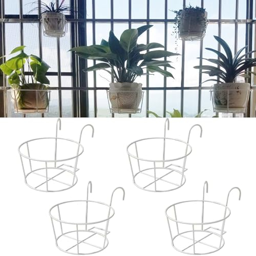 4er-Pack runde Pflanzgefäße zum Aufhängen mit Geländer, Blumentopfhalter, Metalltopf-Pflanzenkorb, Regalbehälter für den Innen- und Außenbereich (Weiß)