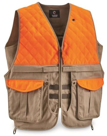 Guide Gear Men's Upland Vest for Bird Hunting, Orange with Back Game Pouch Khaki/Blaze MEDIUM