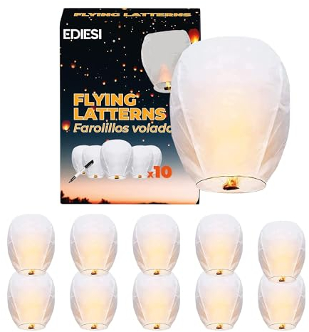 Ediesi, Farolillos Voladores de Papel, 10 Unidades, 100% Biodegradables, Velas Voladoras, Farol Volador, Sky Lanterns, con Rotulador para Escribir Deseos