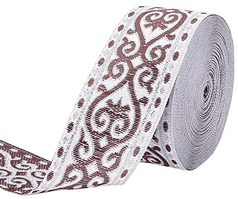 FINGERINSPIRE 7m 33mm Vintage Jacquardband Weiß Sattel Braun Nähen Besticktes Gewebtes Band Stoffbesatz Fransen für DIY Kleidung Accessoires Verzierung Dekorationen