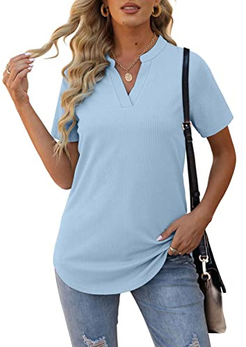 Aokosor Ladies T Shirts Women V Neck Tops Loose Short Sleeve Summer Ribbed Tees Blue Size 18-20