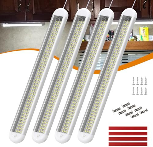 RVZONE Paquete de 4 barras de luz LED interior de 12 V | 120 LED 1800 lm 8 W CC 12 voltios tira de luces LED con interruptor de encendido/apagado para RV, furgoneta, camión, interior de remolque