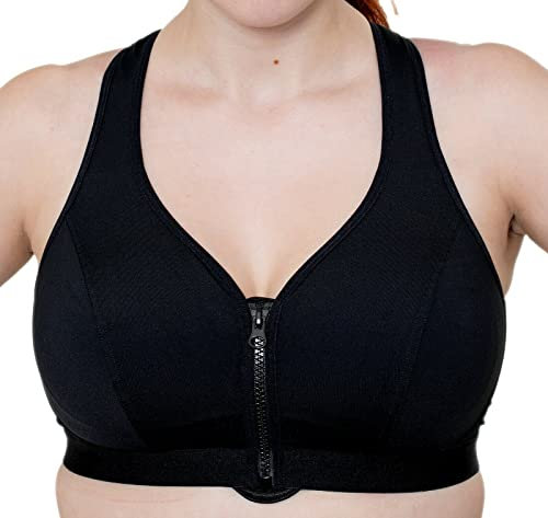 Gemm Womens Plus Size Medium Sports Bra High Impact Non Wired Zip Front Fastening UK Black
