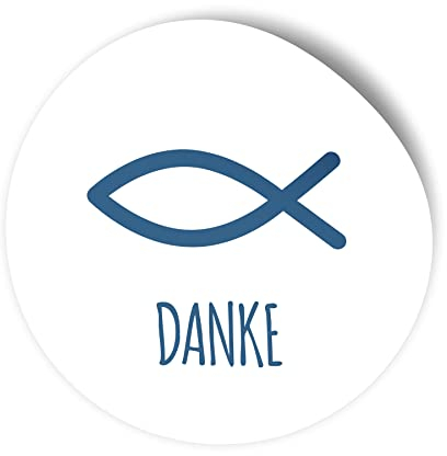 itenga 100x Sticker Aufkleber I Fisch Danke WEISS Dunkelblau I zum Basteln von Gastgeschenken I für Taufe, Kommunion, Konfirmation oder Firmung I 4,0 cm rund