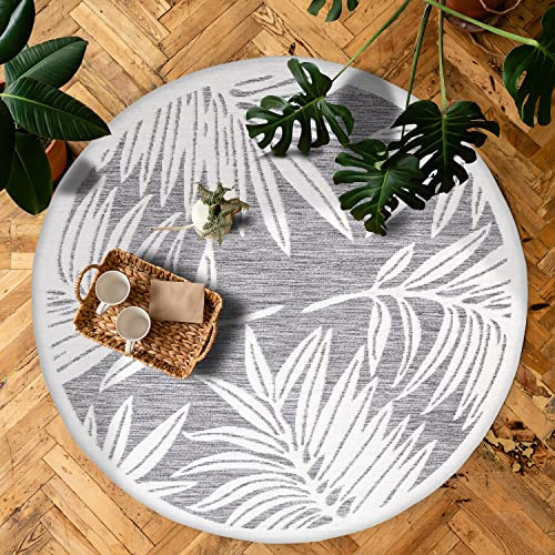 payé Outdoor Teppich Rund - 120x120cm - Wetterfest - Grau Weiß - Pflanzen Muster - Teppiche für Terrasse Balkon Garten Indoor