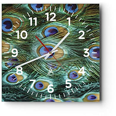 Modern Wanduhr Pfauen Feder Makro 30x30cm Quadrat Klein Wand Uhr Glas Analog Zimmeruhren Küche Büro Wohnzimmer Glasuhr Wall Clock Dekoration Design Wanddekoration Küchenuhr C4AC30x30-4159