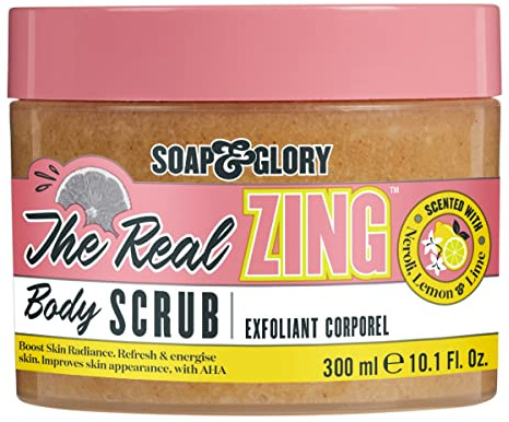 Soap & Glory The Real Zing Body Scrub - Smoothing & Buffing Sugar Scrub - Lemon Citrus Scented Body Polish - Skin Brightening Sea Salt Scrub (300ml)